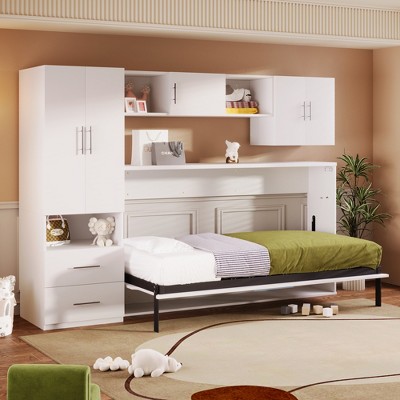 Twin Size Murphy Bed Wall Bed Frame, Wood Cabinet Bed with Built-in Wardrobe, Storage Drawers and Open Shelves, White -ModernLuxe