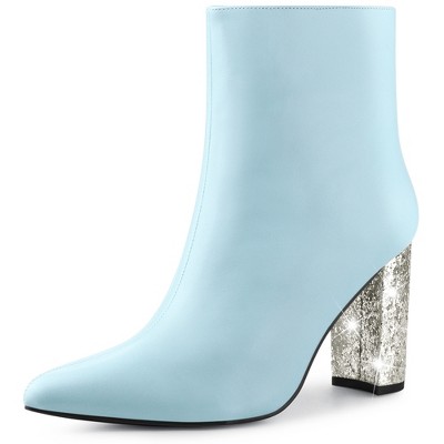 Perphy Women's Fashion Pointy Toe Zipper Sparkly Glitter Chunky Heels Ankle Boots
