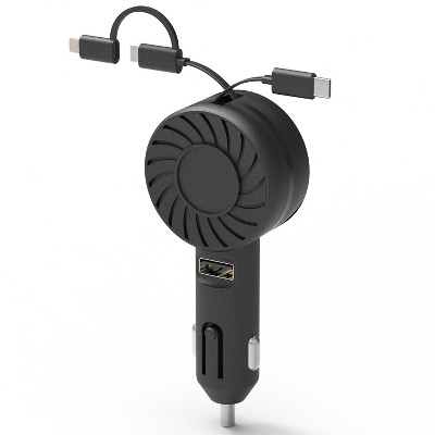 iMountek"21W 3-in-1 Retractable Car Charger with USB, Type-C & Micro Cables for iPhone & More, Fast Charge"Black&Red