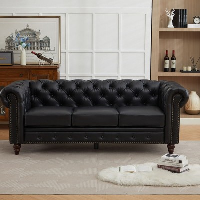 HYLEORY 84" Leather Chesterfield Sofas for Living Room, Rolled Arm 3-Seater Large Couch Deep Button Nailhead Tufted Couches for Office Apartment