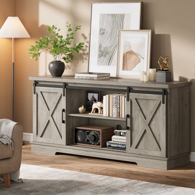 Farmhouse Tv Stand for 65 Inch TV, Entertainment Center with Sliding Barn Doors and Adjustable Shelf, Storage Cabinet for Living Room, Bedroom
