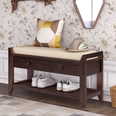 PAGED Classic Entryway Bench Upholstered Shoe Bench Wood Storage Bench with Cushioned Seat and Drawers for Family Room, Entryway
