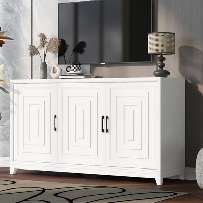 59.1" MDF Modern TV Stand with Geometric Doors, Metal Handles, Two Cabinets and Solid Wood Legs for TVs up to 65" with Adjustable Shelves
