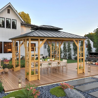 EROMMY 11' x 13' Wood Gazebo: Elegant Outdoor Hardtop Pavilion with Solid Wooden Frame and Double Roof Canopy for Patio, Backyard, and Garden Deck