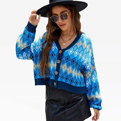 Womens Argyle Knit Sweater Cardigan Cropped Batswing Sleeve Color Block Christmas Festive Cardigan Nordic Sweater Caridgan Front Button Sweater Shrugs