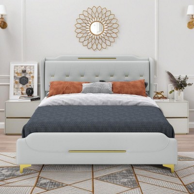 CAVINAS Bed Frame with Wingback Headboard,King Leather Platform Bed Frame with Footboard,Sturdy Platform Bed with Wooden Slats Support
