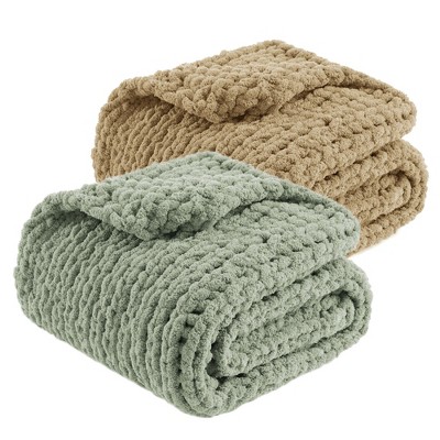 Handmade Chenille Throw Blankets Group of 2 Blankets, Chunky Knit Cable Knitted Crochet Blankets Collection-Amelie Home