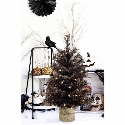 Perfect Holiday 24" Tabletop Matte Black Gold Tinsel Halloween Tree