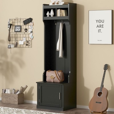 The Misty Moon White Hall Tree with Cabinet and 3 Hanging Hooks Multi-functional Storage Bench with Coat Rack