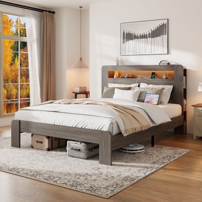 NicBex Full/Queen/King Vintage Bed Frame with Storage LED Light Headboard,Modern Platform Bed for Bedroom,No Box Spring Needed