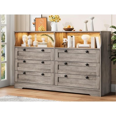 Modern 6 Drawer Dresser with Power Outlet & LED Lights, Large Wooden Dresser for Bedroom, TV Stand Storage Chest, Double Row Drawers with Handles