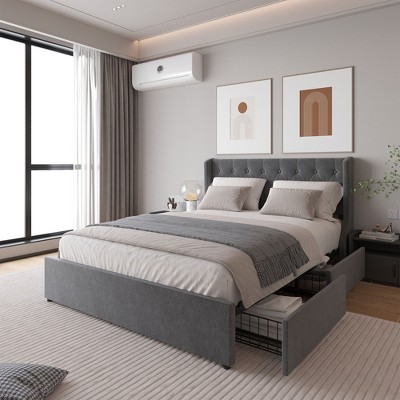 PAGED Bed Frame Button Tufted Design Bed Fram with 4 Storage Drawers and Wingback Headboard