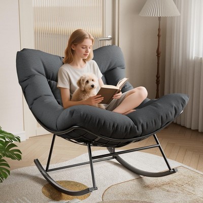 Outdoor Papasan Rocking Chair, Oversized Lounge Chair with Metal Frame & Cushion, Patio Rattan Egg Chair for Balcony Backyard Porch Bedroom