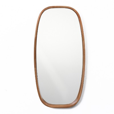 LuxenHome 15.7"x 31.5" Rounded Rectangle Wall Mirror with Natural Brown Rubberwood Frame Decorative Mirror for Bedroom Bathroom Entryway