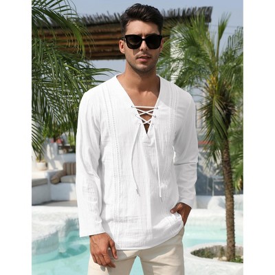 Men's Cotton Linen Henley Shirt Lace Up Long Sleeve V Neck Casual Beach Hippie Shirts