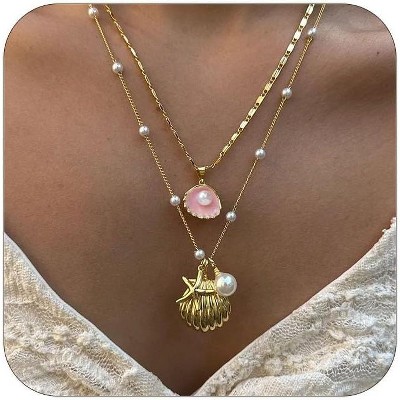 Layered Gold Shell Necklace With Conch & Starfish Pendant - Boho Non-Tarnish Summer Beach Vacation Jewelry Gift For Women