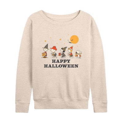 Women's - Peanuts - Retro Halloween Peanuts Group Lightweight French Terry Wide Neck Long Sleeve Graphic Shirt