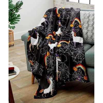Kate Aurora Trick or Treat Halloween Unicorns, Pumpkins & Spider Webs Ultra Soft & Plush Accent Throw Blanket - 50 in. W x 60 in. L
