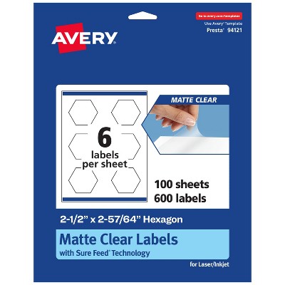 Avery Matte Clear Labels,  2-1/2" x 2-57/64" Hexagon