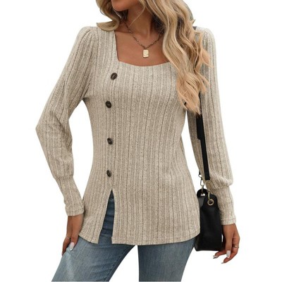 Coolmee Women's Tops Casual Long Sleeve Square Neck Buttons Front Slit Loose Sweater