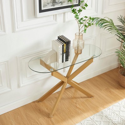 Modern Geometric Glass Console Table with Metal Tubular Legs