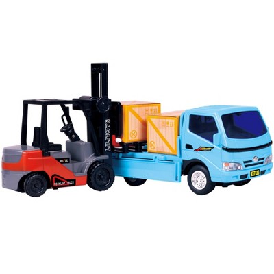 JuzToys Pull-Back Forklift and Truck Toy Set – Includes Pallet and 2 Cargo Boxes, Interactive Toys for Kids – Blue/Red
