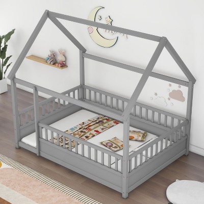 CAVINAS Twin Bed Frames, Twin Size Bed Frame with Roof Frame, Modern Floor to Ceiling Wooden Bed for Bedroom