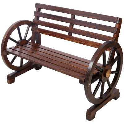 MOEPISY Double Wooden Wagon Wheel Bench, Rustic Design With Slatted Seat And Backrest - Brown