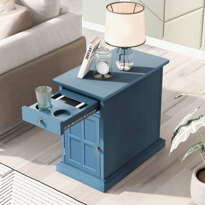 NicBex Classic Lift-Top Charging End Table with USB Ports, Sofa Side Table with Storage for Living Room, Vintage Nightstand with Drawer, Cup Holders