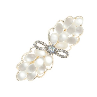 Unique Bargains Bow French Barrette Hair Clips Gold Tone White 1 Pc