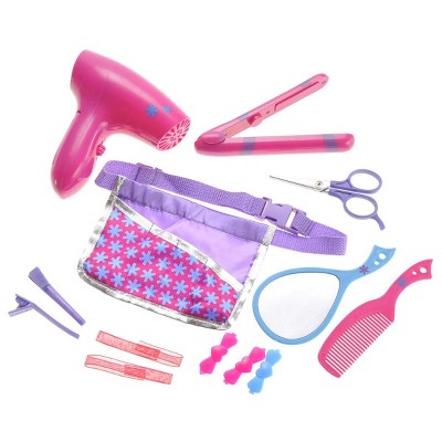 JuzToys Pretend Hair Stylist Set - 13pcs Kids Hair Salon Toys Pretend Play with Real Blowing Hair Dryer, Scissors, Comb – Pink/Purple