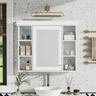 Wooakway 29"H Blue Modern Bathroom Mirror Storage Cabinet with 6 Shelves