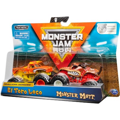 Monster Jam El Toro Loco vs Monster Mutt Monster Truck Duo Pack- True Metal 1:64 Scale Die-Cast Twin Showdown Pack - Authentic Collectible For Fans