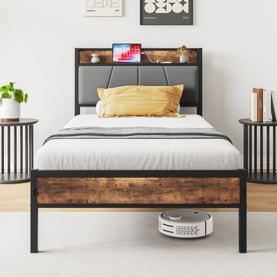 Grungis Bed Frame with Storage Headboard,Modern Platform Bed with Charging Station for Bedroom,No Box Spring Needed, Easy Assembly