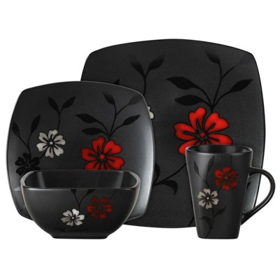 Gibson Elite 16pc Stoneware Evening Blossom Dinnerware Set: Floral Dishware, Microwave & Dishwasher Safe, Service for 4