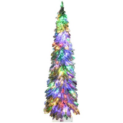 HOMCOM 5 FT Pencil Prelit Artificial Christmas Tree Holiday Decoration with Snow-flocked Downswept Branches, Warm White or Colorful LED Lights