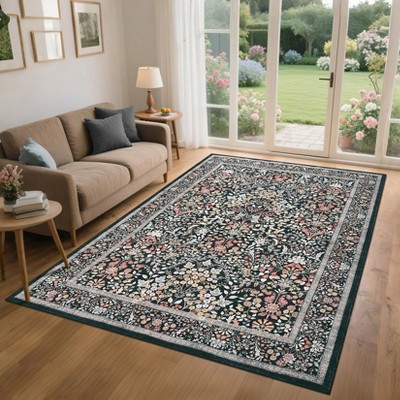 Area Rug Soft Washable Floral Print Rugs for Living Room Bedroom Non Slip Low Pile Botanical Accent Rug