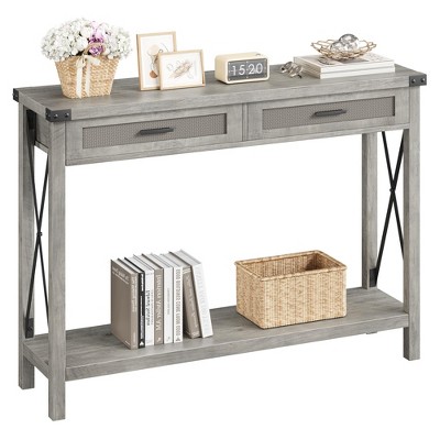 Farmhouse Entryway Table, Grey Console Table with Rattan Drawers