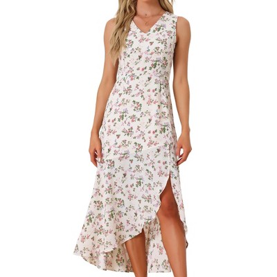 Allegra K Women's Floral Print Summer A-Line High Low Side Slit Sleeveless Midi Sundresses