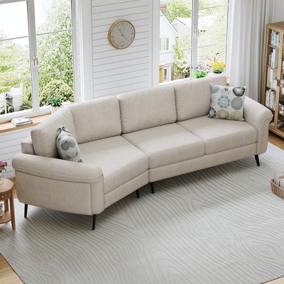 111"W Chenille Upholstered Curved Sofa Couch with 2 Printed Pillows, 3-Seater Fabric Sofa with Metal Legs - ModernLuxe
