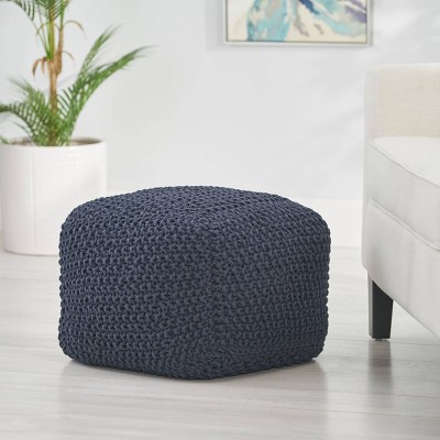 Pim Modern Knitted Cotton Cube Pouf Dark Blue - Christopher Knight Home: Footrest & Seating Option