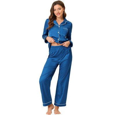 cheibear Women's Satin Button Down Lounge Tops and Pants Sleepwear Pajama Set