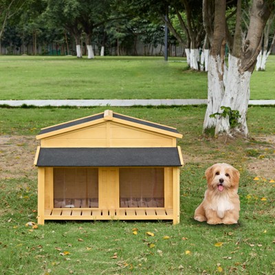 DSVIMOY Dog House, Wooden Outdoor and Indoor Dog House with Porch,Elevated Floor,Asphalt Roof, 2 Doors, Natural, 47"*42"*33"