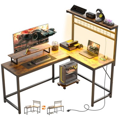 HOMCOM 61.6" L Shaped Desk with Power Outlets & LED Lights, Convertible Computer Desk with Monitor Stand and Computer Shelf for Home Office