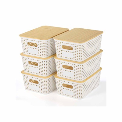 Aoibox Plastic Storage Baskets with Bamboo Lid Stackable Organizer Bins for Shelves Drawers Closet Office 6 Pack