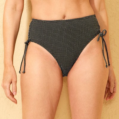 Women's Swiss Dot Texture Adjustable Side-Tie Mid-Rise Medium Coverage Bikini Bottom - Shade & Shore™ Black