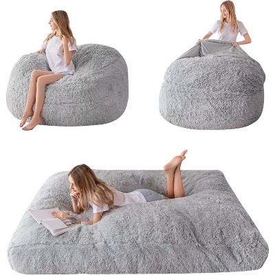MAXYOYO Giant Bean Bag Bed - Long Faux Fur Bean Bag Turn into Bed, Grey