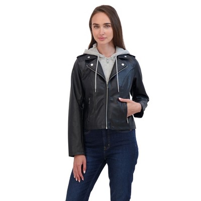 Juniors' Faux Leather Moto Jacket With Fleece Hood - Sebby