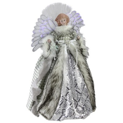 Northlight Christmas 16" Prelit Fiber Optic Angel in Silver Gingham Coat Tree Topper