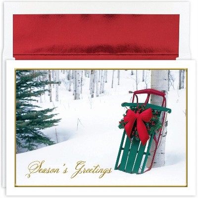Masterpiece Studios Holiday Collection 16-Count Boxed Embossed Christmas Cards with Foil-Lined Envelopes, 7.8" x 5.6", Winter Sled (906900)